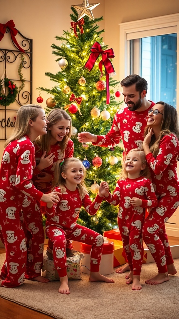 Creative Family Photo Ideas for Christmas Cards A family in matching Christmas pajamas by a decorated tree, smiling and enjoying the holiday spirit.